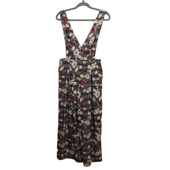 Lush Floral Houndstooth Plaid Print Overalls Rust Blue Wide Leg Medium - Picture 1 of 8
